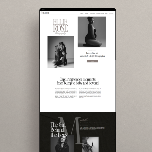 Elegant Showit website template for maternity and newborn photographers with soft neutral tones and modern editorial design, fully customizable for any photography niche
