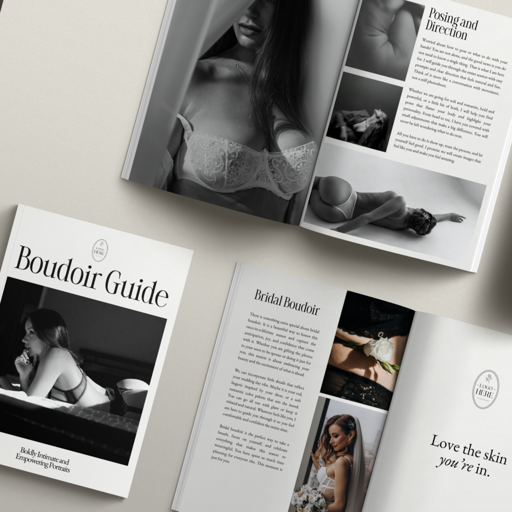 Boudoir client welcome guide template for photographers displayed in Canva