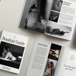Boudoir client welcome guide template for photographers displayed in Canva