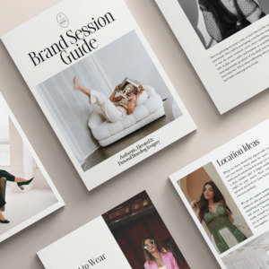 Flat lay of modern, neutral-toned Canva template pages designed for brand photographers to use as a client welcome guide