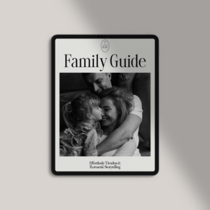 Family photography welcome guide template shown on a tablet, featuring modern Canva layout with warm, neutral tones and lifestyle imagery