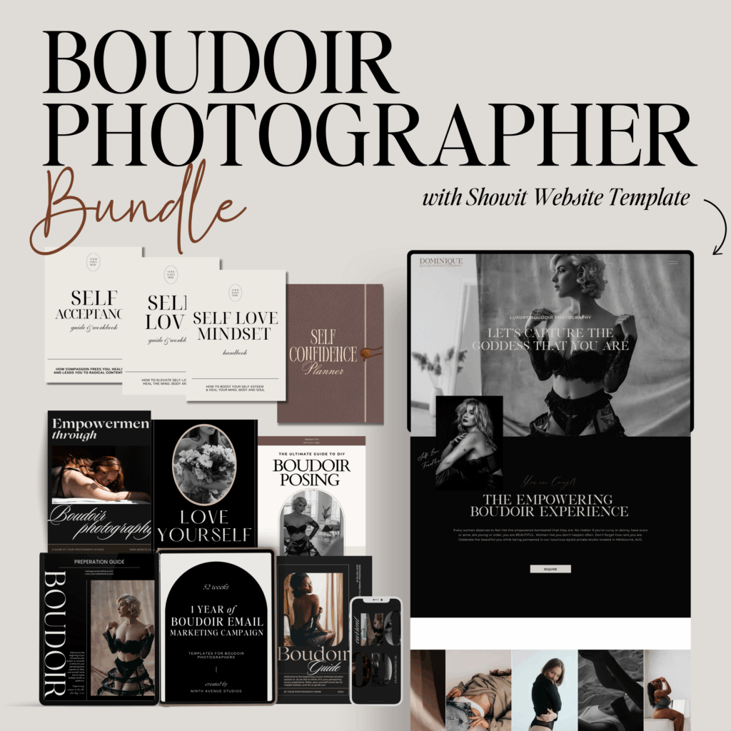 Luxury Boudoir Bundle Canva Templates for photographers featuring journals, guides, email campaigns, captions, Instagram templates, and client experience resources.
