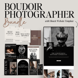 Luxury Boudoir Bundle Canva Templates for photographers featuring journals, guides, email campaigns, captions, Instagram templates, and client experience resources.