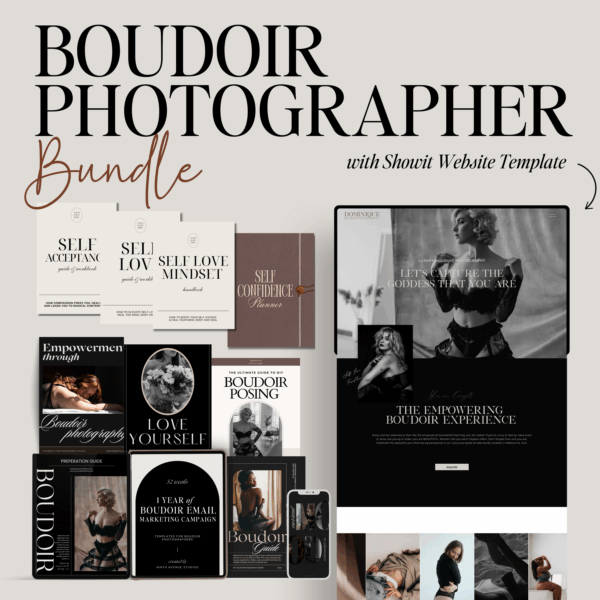Luxury Boudoir Bundle Canva Templates for photographers featuring journals, guides, email campaigns, captions, Instagram templates, and client experience resources.