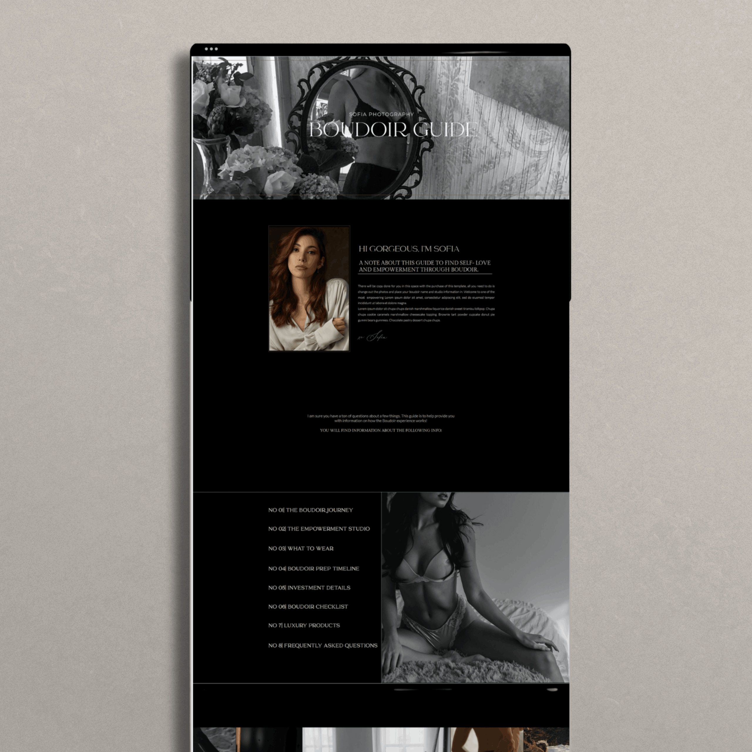 Elegant and modern boudoir client guide template for photographers, fully customizable on Showit