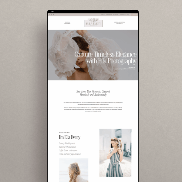 Ella Showit one-page website template with an elegant, feminine layout designed for photographers.