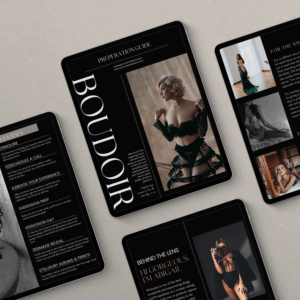 Canva template preview of a luxury boudoir client guide for photographers, featuring a black editorial layout with bold table of contents and boudoir imagery.