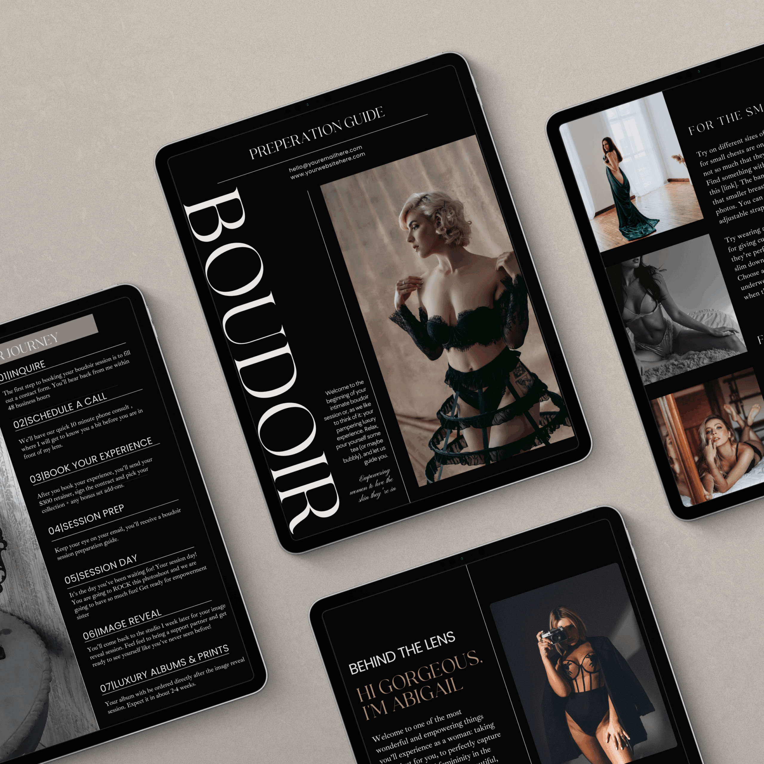 Canva template preview of a luxury boudoir client guide for photographers, featuring a black editorial layout with bold table of contents and boudoir imagery.