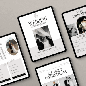 9-page wedding photographer pricing guide template with a timeless, classy design and elegant layout.