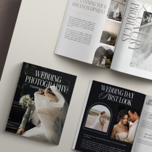 53-page bold and elegant wedding photography client guide Canva template for photographers. Includes pricing info, session prep tips, and more.